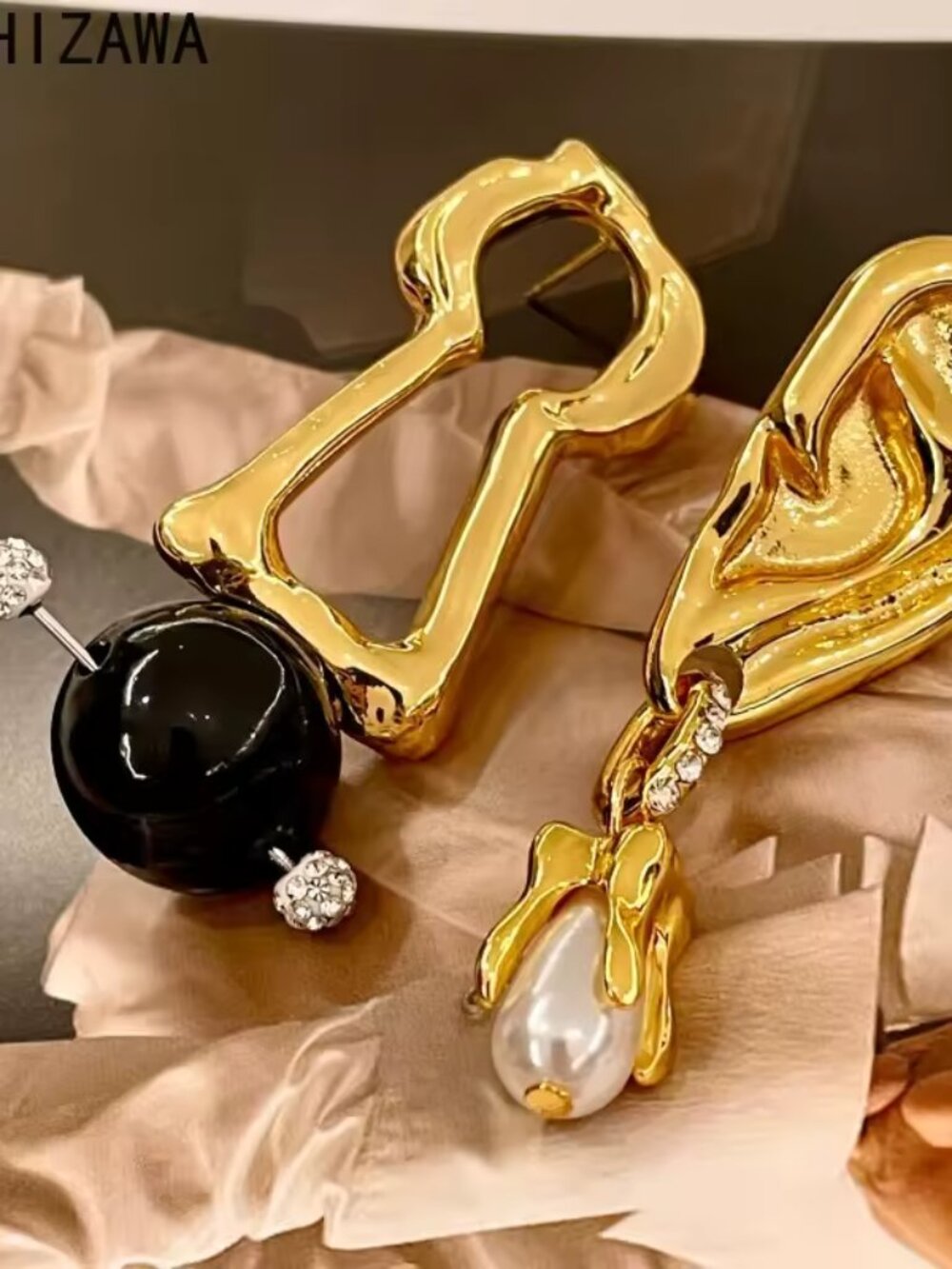 Schiaparelli Style Asymmetrical Pearl Statement Earrings Surrealist Gold Tone -